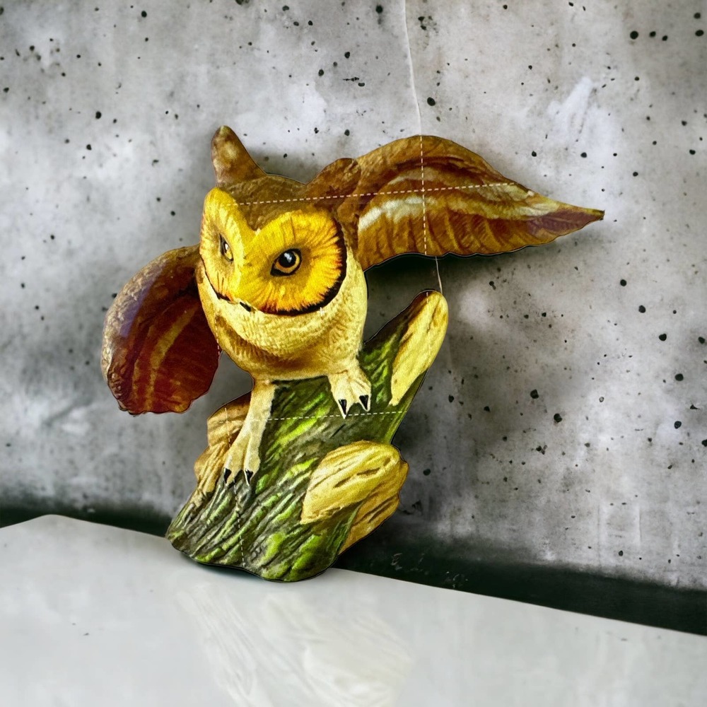 Vintage Ceramic Owl Figurine With Wings Spread and Landing on a Log